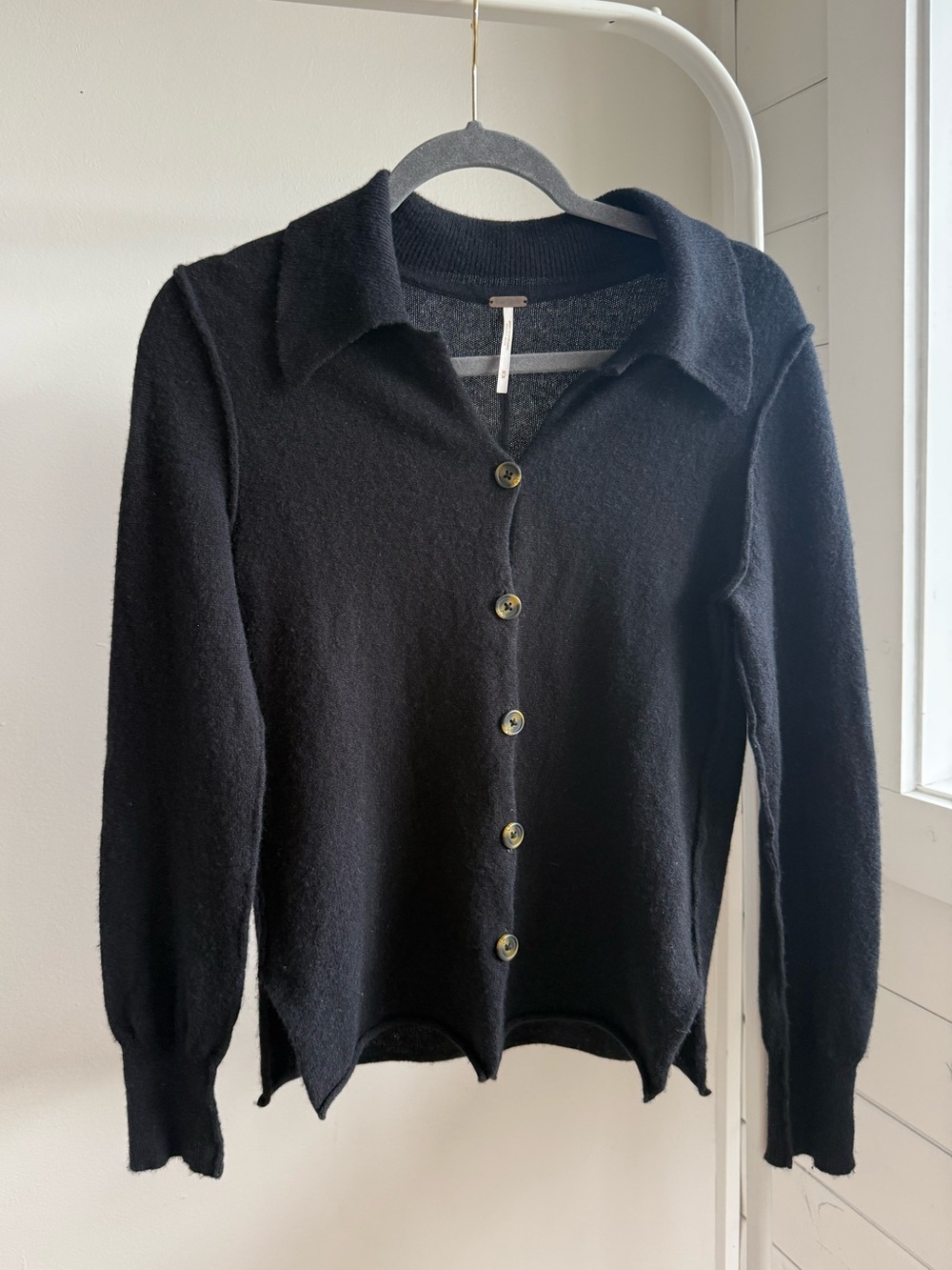 Free People Paloma 100% Cashmere Button Up Collared Sweater Black Medium